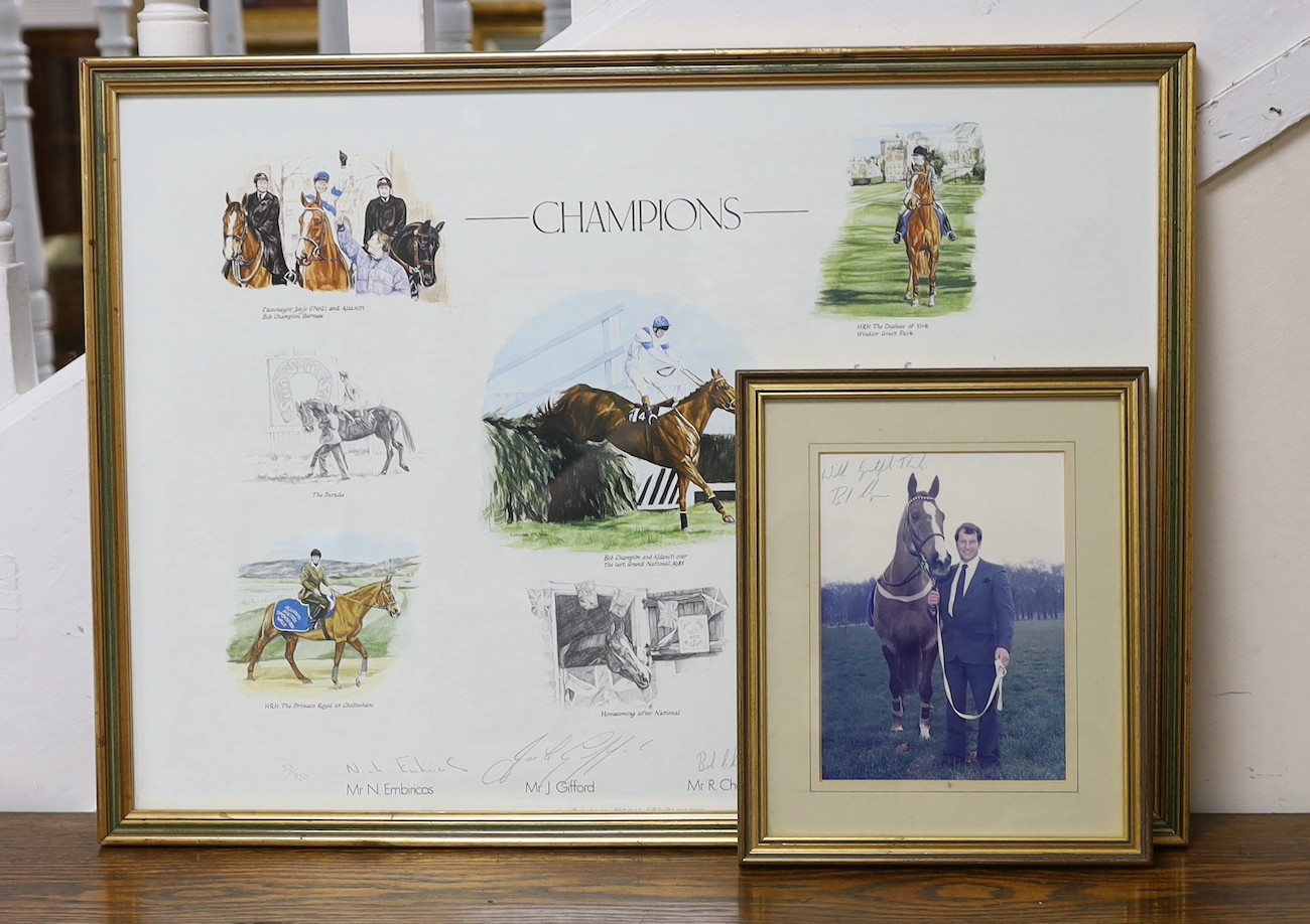 Framed and autographed montage, autographed by Champion and Josh Gifford and another, related